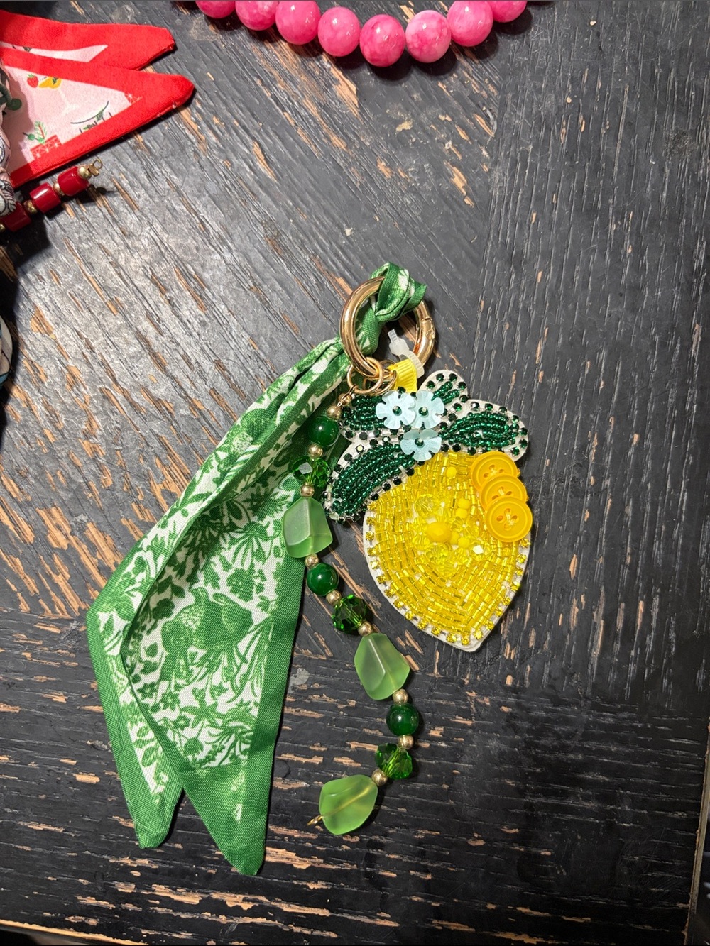 Beaded Yellow Lemon purse charm Keychain with Green Scarf Accent